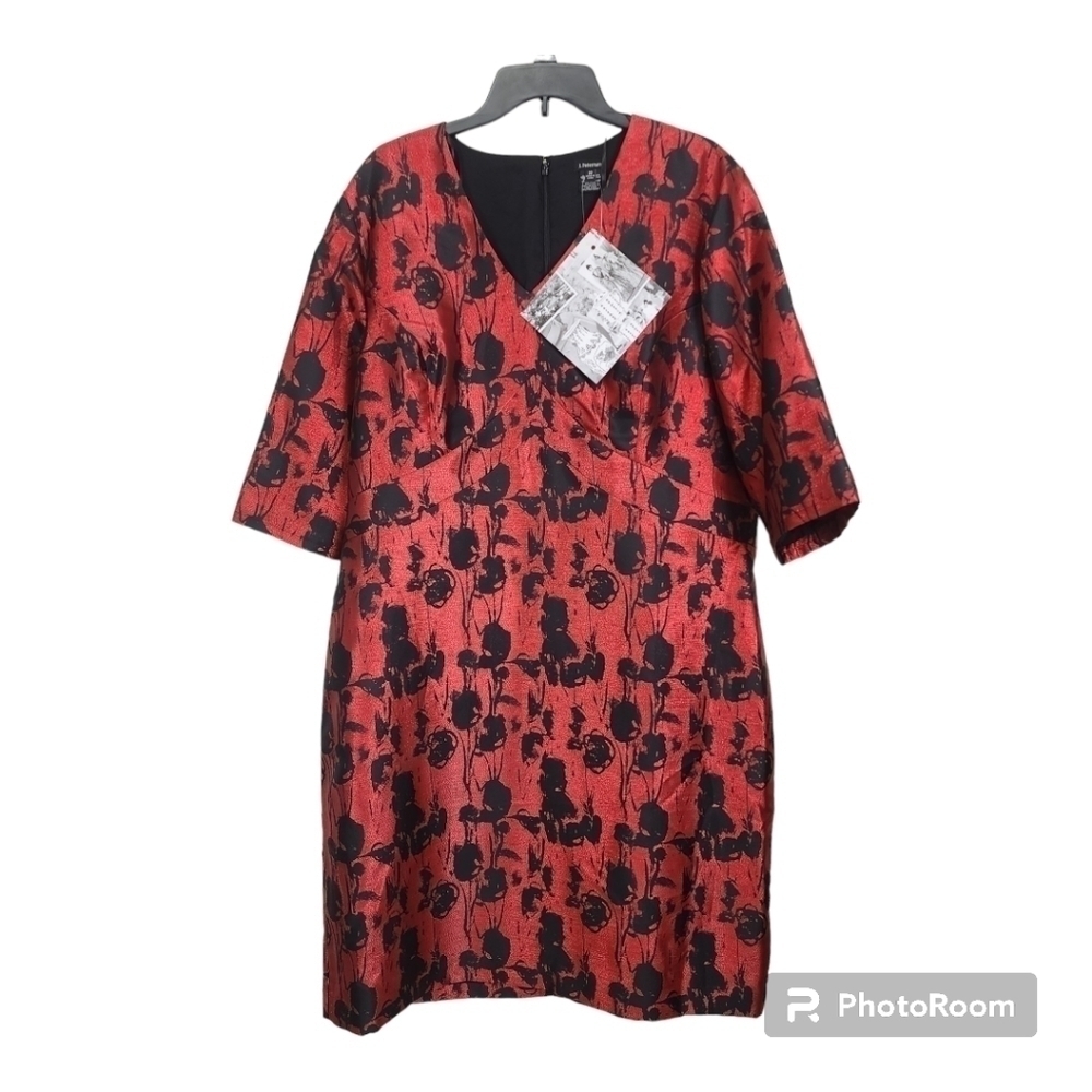J. Peterman Red and Black Floral V-Neck Dress